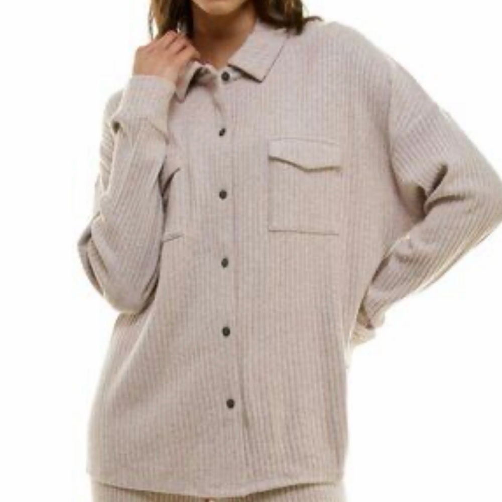 Roudelain Women's Ribbed Sweater-Knit Sleep Tunic Button-Up Top Light Taupe Med - Picture 8 of 8